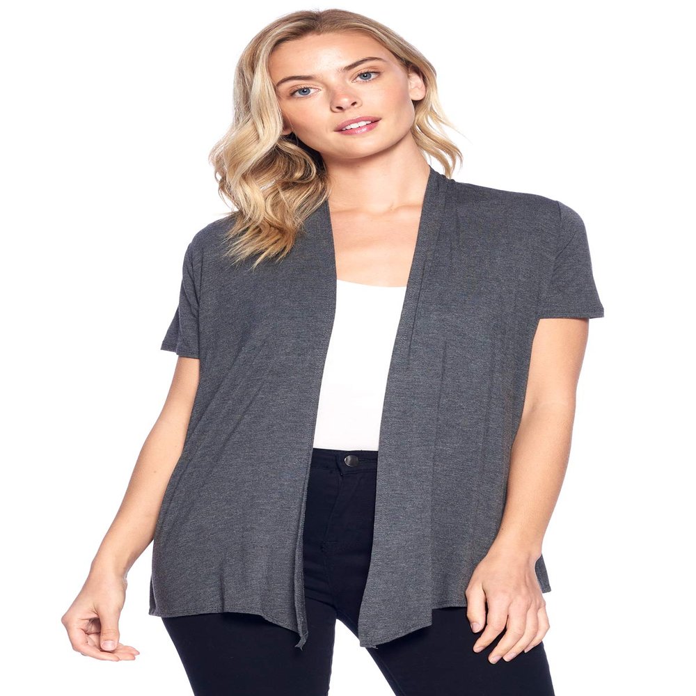 12 Ami Basic Solid Short Sleeve Open Front Cardigan Charcoal Large