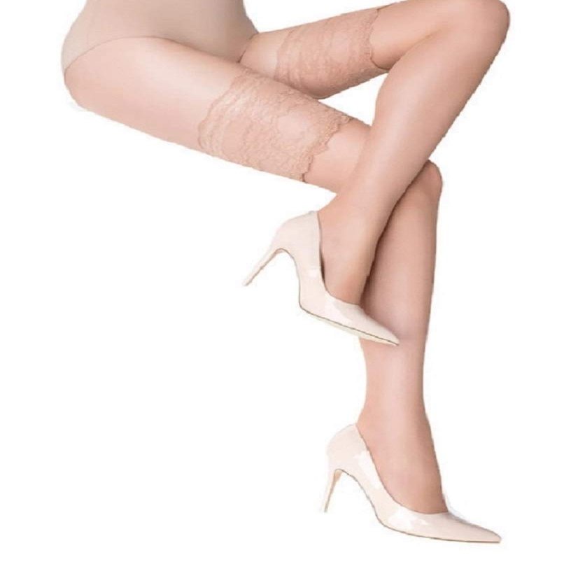 MARILYN Paris Wide Silicone Lace Holdups Thigh High Stockings (S/M) Natural