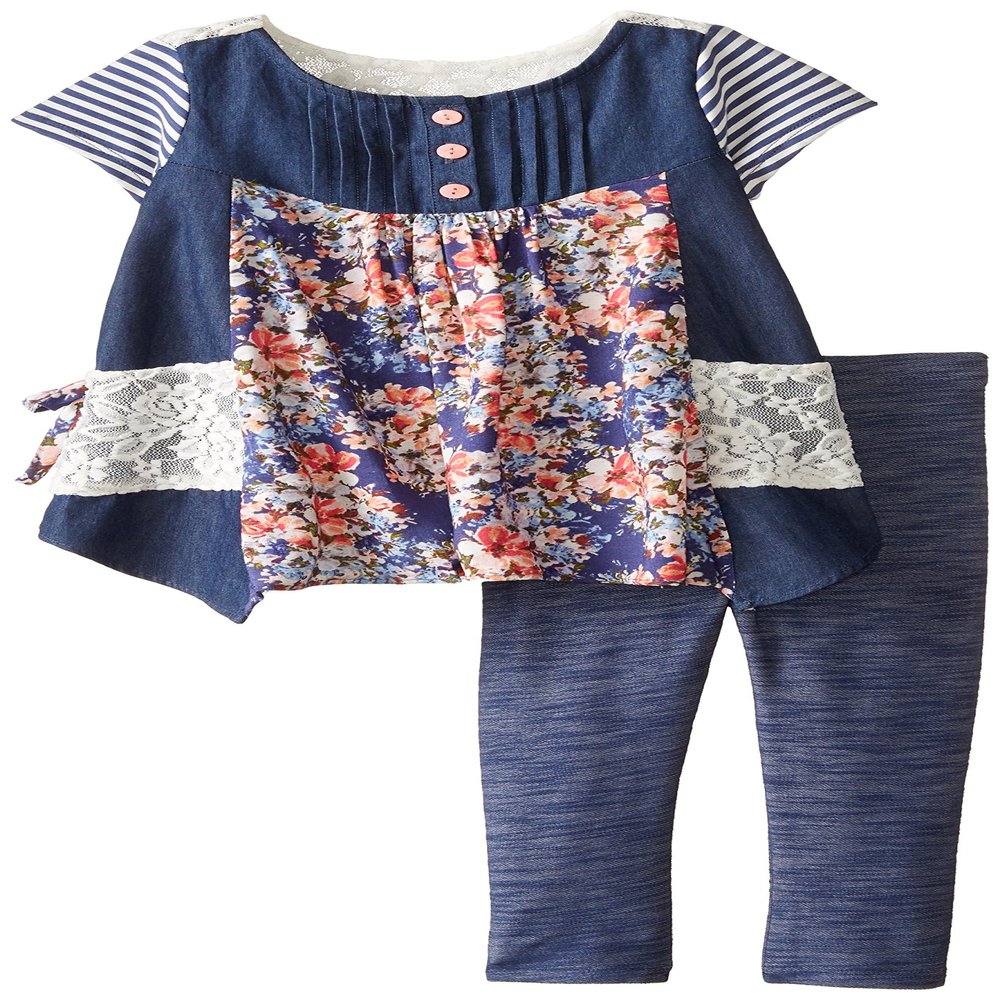 Bonnie Jean Girls' Toddler Chambray Mixed Print Legging Set, Blue, 2T