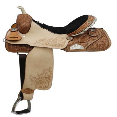 14", 15", 16" Double T Barrel Style Saddle with Floral Embossed Suede Seat. Full Quarter Horse Bars (14")