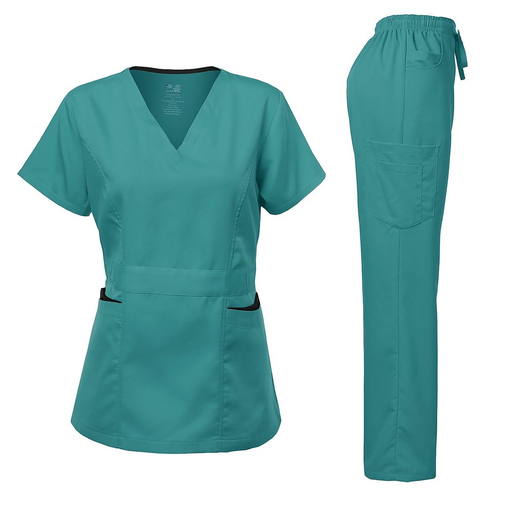 Dagacci Medical Uniform Women's Scrubs Set Stretch Contrast Pocket Teal Green S