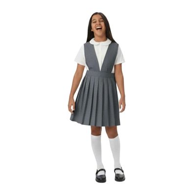 French Toast Girls' V-Neck Pleated Jumper, Heather Gray, 14