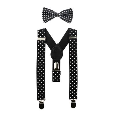 Kids Suspenders and Bow Tie Set (Elastic Adjustable) (Black with White Polka Dots)