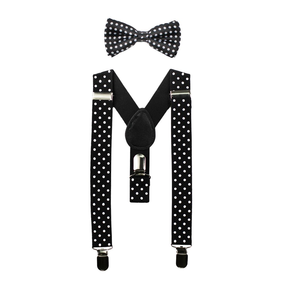 Kids Suspenders and Bow Tie Set (Elastic Adjustable) (Black with White Polka Dots)