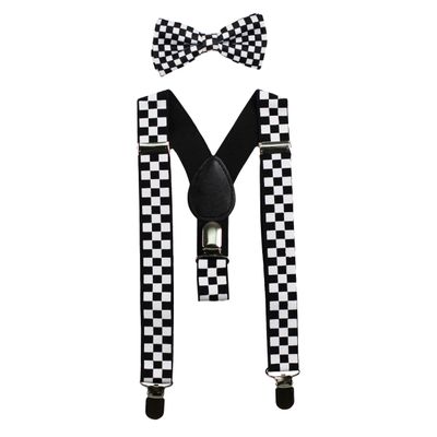 Kids Suspenders and Bow Tie Set (Elastic Adjustable) (Black and White Checker)