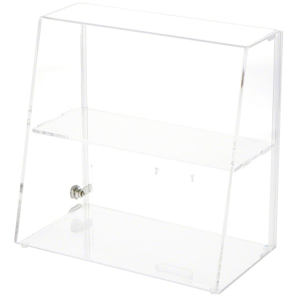 Plymor Clear Acrylic Locking Display Case with Slanted Front and Sliding Back, 1 Flat Shelf, 13.75" H x 14" W x 7.75" D