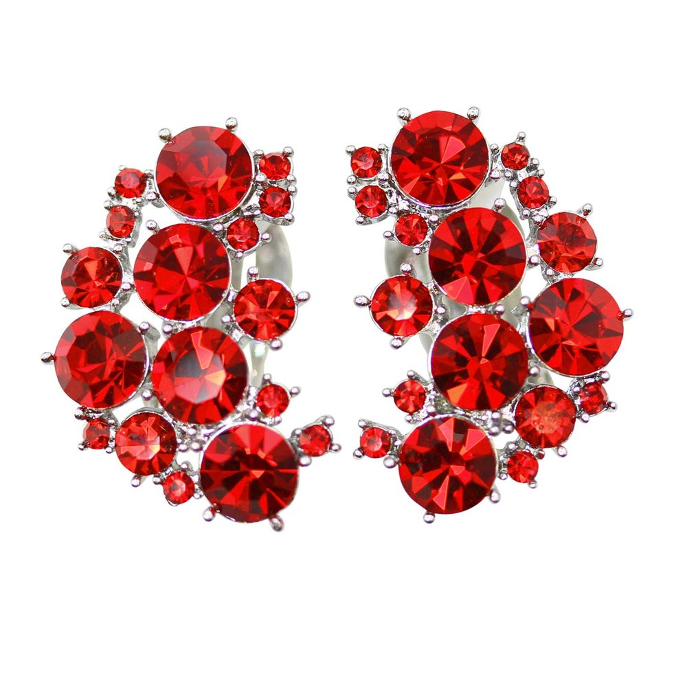Faship Clip On Earrings Stunning Red Rhinestone Crystal - Red