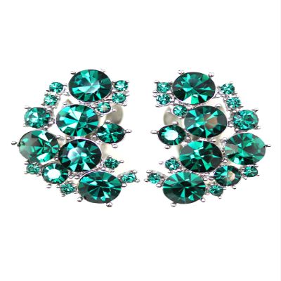 Faship Clip On Earrings Stunning Green Rhinestone Crystal - Green/Silvertone