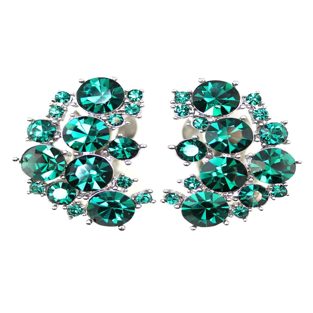 Faship Clip On Earrings Stunning Green Rhinestone Crystal - Green/Silvertone
