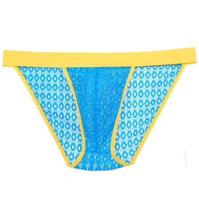 Jaxu Men's Lace Briefs Underwear See-through Sexy Bikini Briefs Open Side Cheeky Underpants Lake Blue L