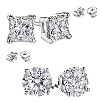 2 Pairs Combo Princess and Round Cubic Zirconia Stud Earrings 1.00 Carat Total Weight
