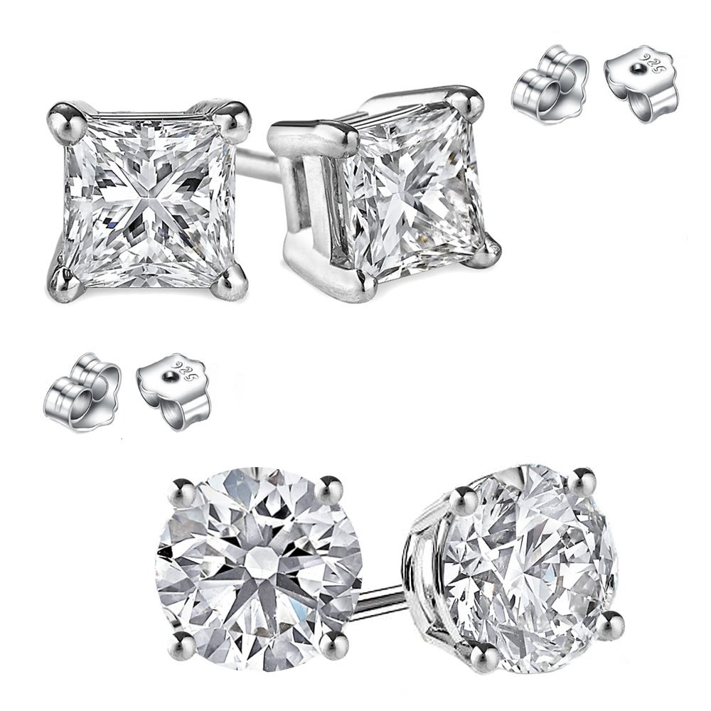2 Pairs Combo Princess and Round Cubic Zirconia Stud Earrings 1.00 Carat Total Weight