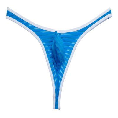 Jaxu Men's Bordered Mesh Striped Thong Underwear Blue X-Large