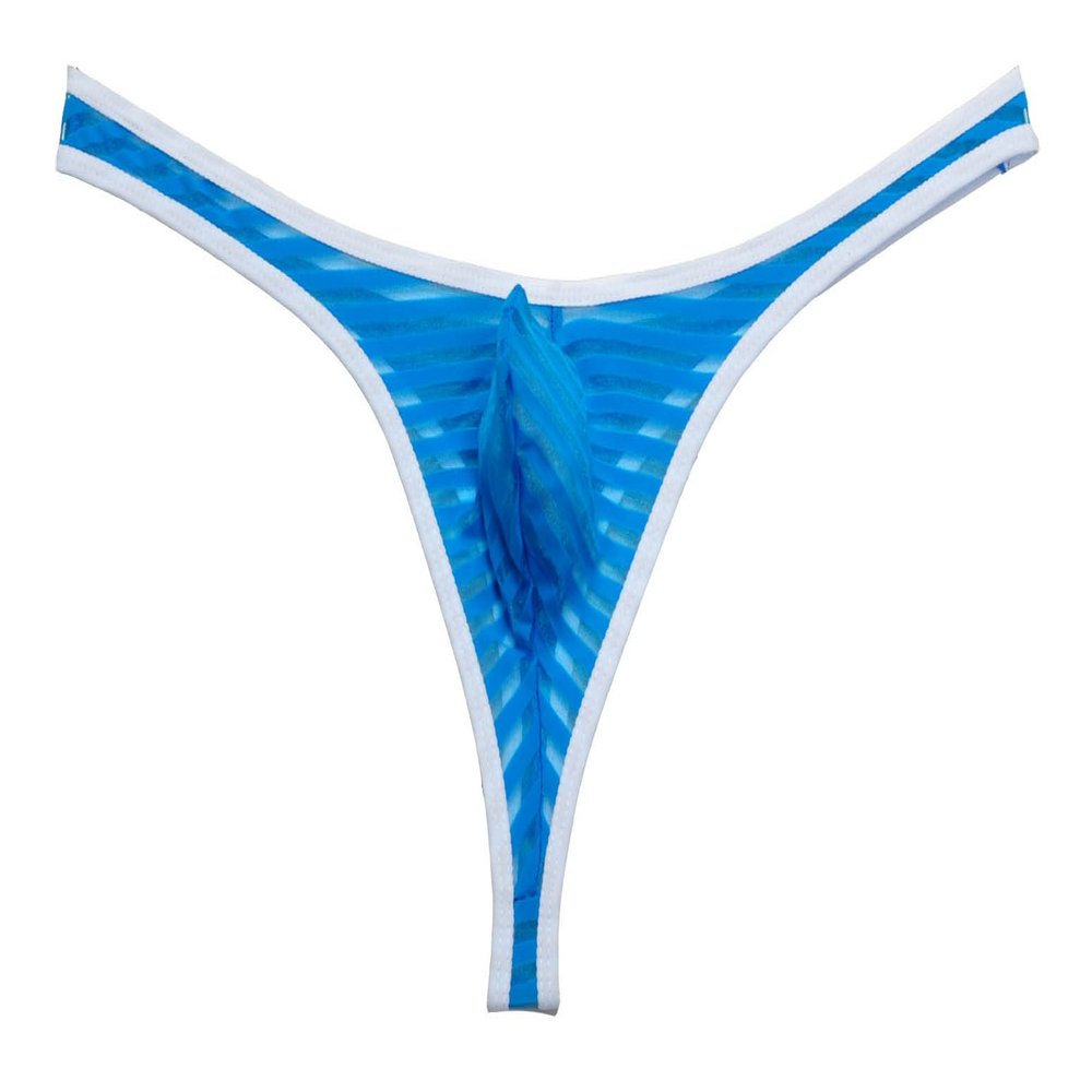 Jaxu Men's Bordered Mesh Striped Thong Underwear Blue X-Large