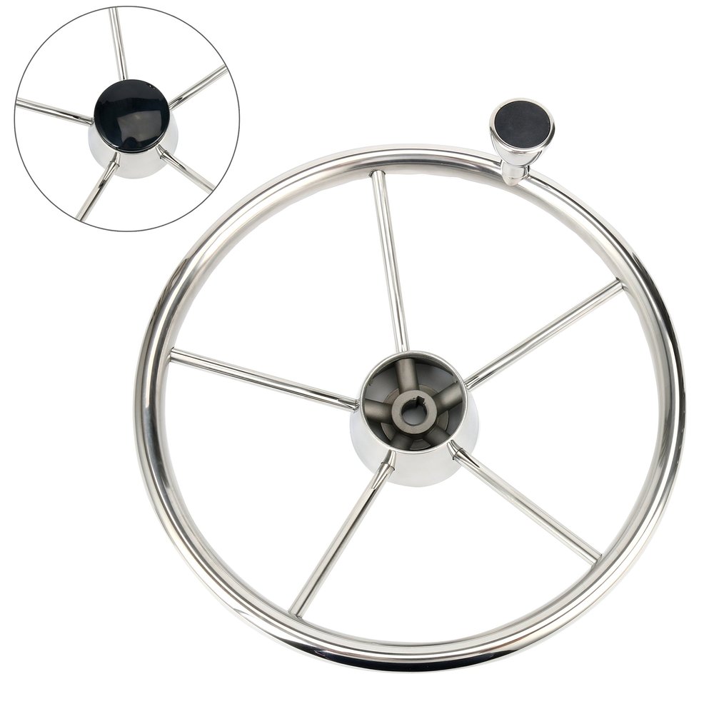 Amarine Made 5-Spoke 13-1/2 Inch Destroyer Style Stainless Boat Steering Wheel with M Size Knob - 9310SRF1