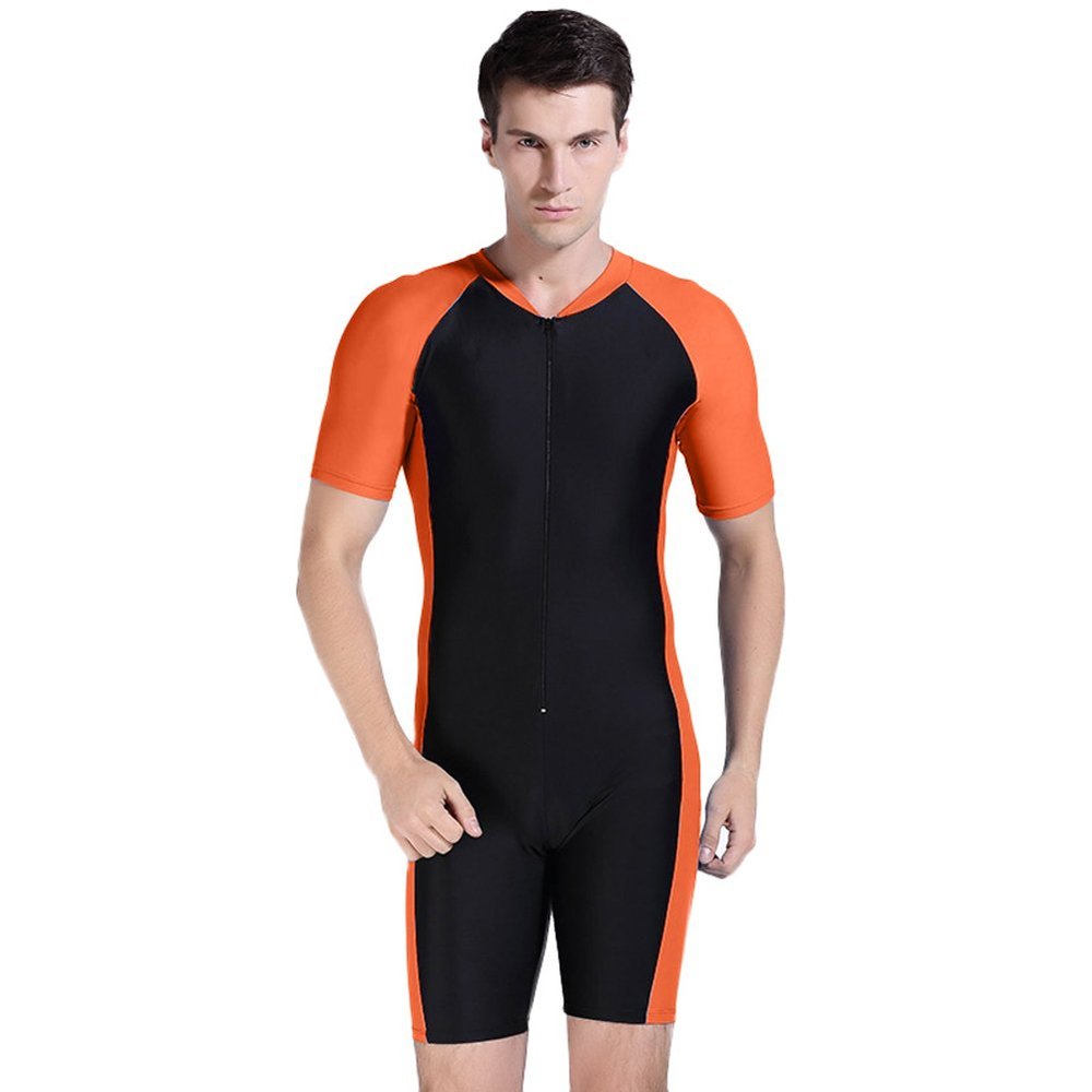 BIKMAN Sun Protection Swimsuit for Men Short Sleeve Rash Guard One-Piece Swim Surfing Suit (L(Weight:121lbs-143lbs), Orange)