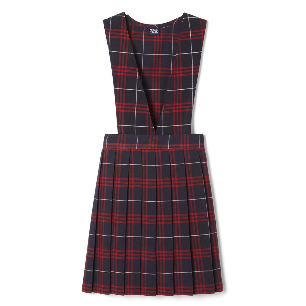 French Toast Girls' Plaid V-Neck Pleated Jumper, Navy & Red Plaid, 4
