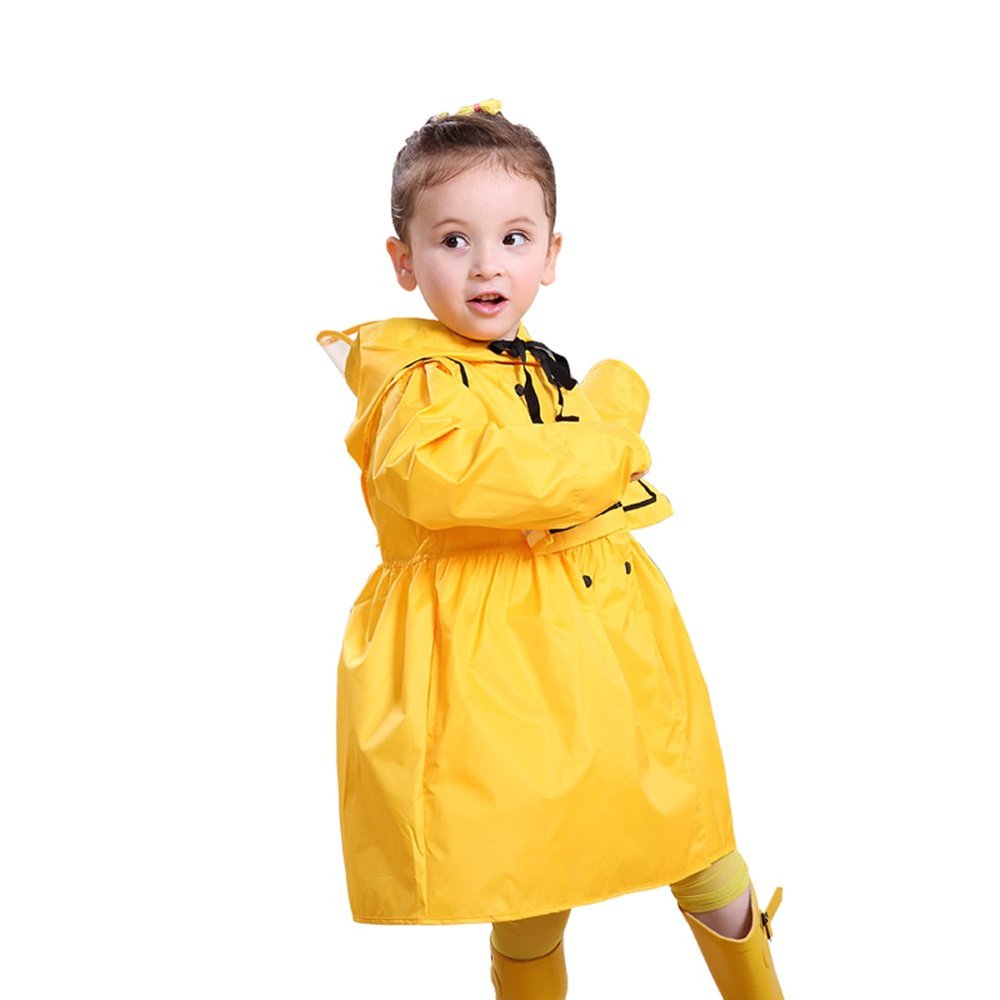 BIKMAN Girl's Hooded Raincoat Princess Dress Style Solid Color Rainwear (S(1-3 Years Old), Yellow)