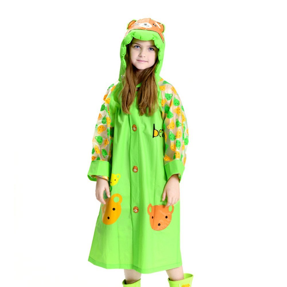 BIKMAN Girl's Cute Cartoon Rainwear Kids Rain Poncho (XXL(Height:55.11"), Green Bear)