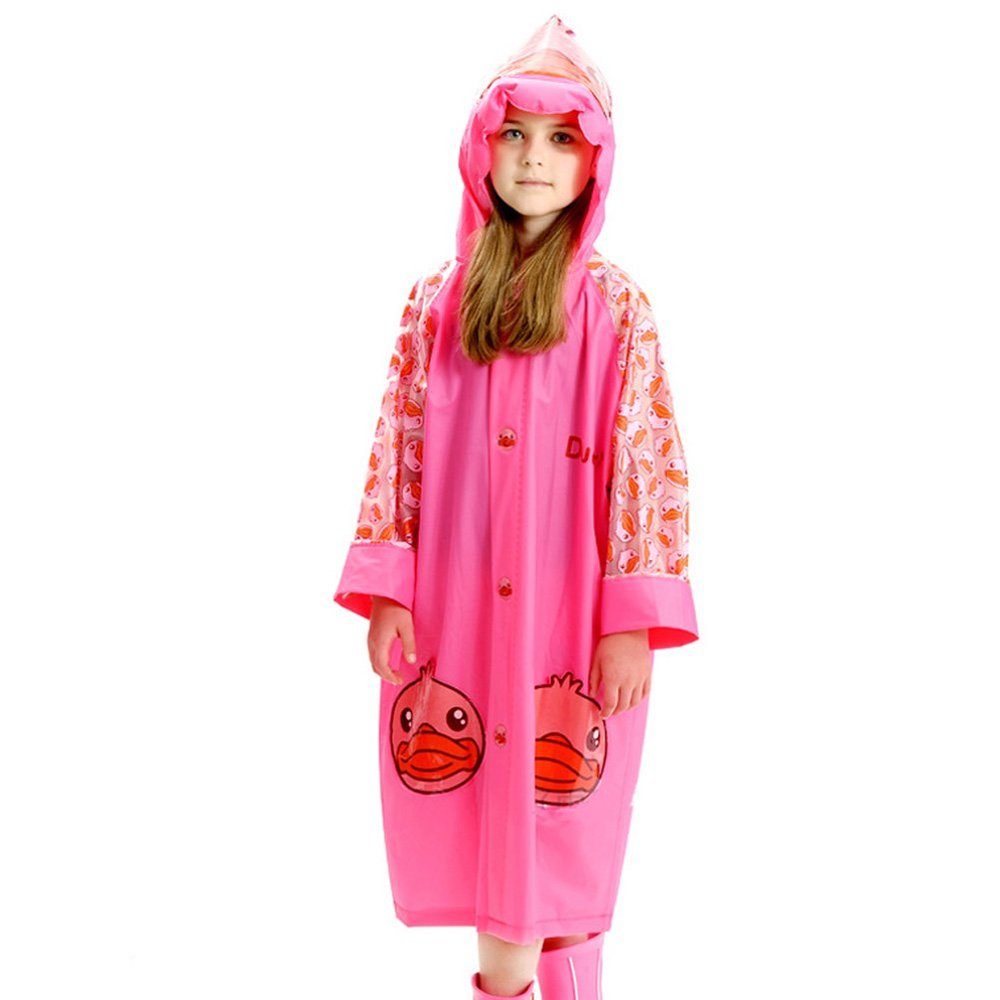 BIKMAN Girl's Cute Cartoon Rainwear Kids Rain Poncho (S(Height:39.37"-46.45"), Pink Duck)