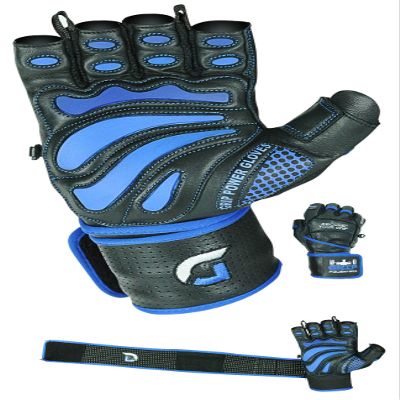 Elite Leather Gym Gloves with Built in 2" Wide Wrist Wraps Grip & Design for Weightlifting Power Lifting Bodybuilding & Strength Training Workout Exercises (Blue, X-Large)