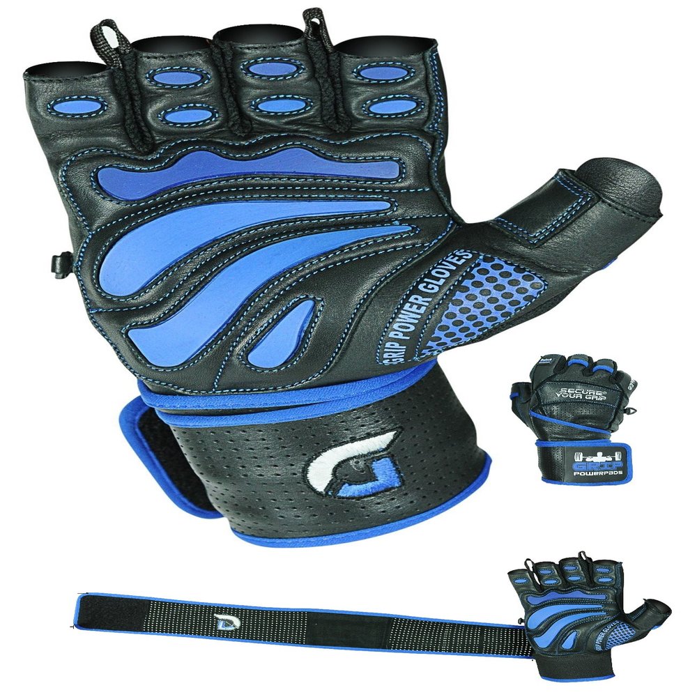 Elite Leather Gym Gloves with Built in 2" Wide Wrist Wraps Grip & Design for Weightlifting Power Lifting Bodybuilding & Strength Training Workout Exercises (Blue, X-Large)