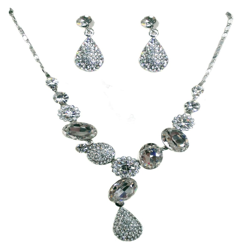 topwholesalejewel Silver Multi Shape Y Neck Rhinestones Necklace Dangle Earrings Jewelry Set