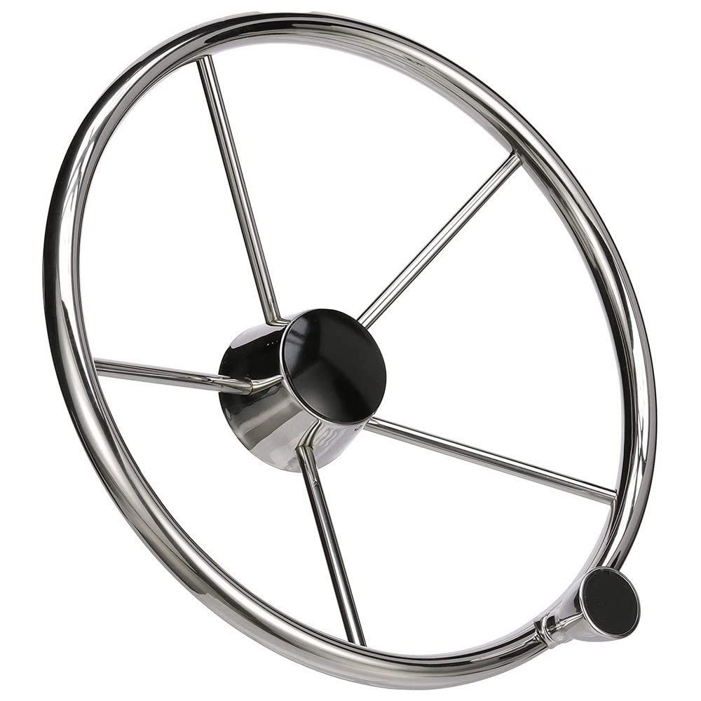 SEACHOICE 28541 5-Spoke Destroyer Steering Wheel with Turning Knob  Stainless Steel  Black Center Cap