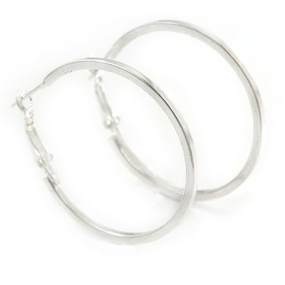 Medium, Thin Silver Tone Square Tube Round Hoop Earrings - 40mm D