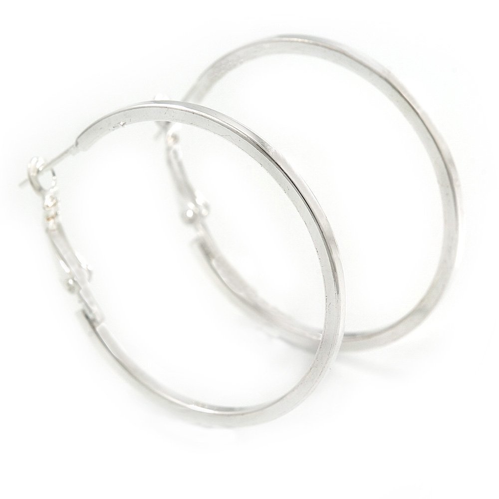 Medium, Thin Silver Tone Square Tube Round Hoop Earrings - 40mm D