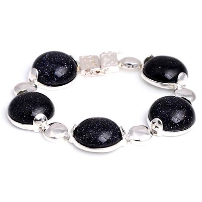 GEM-Inside Bracelet Semi Black Agate Coin Stone Silver Tennis Beads Link Tibetan Silver Fashion Jewelry for Women 7"