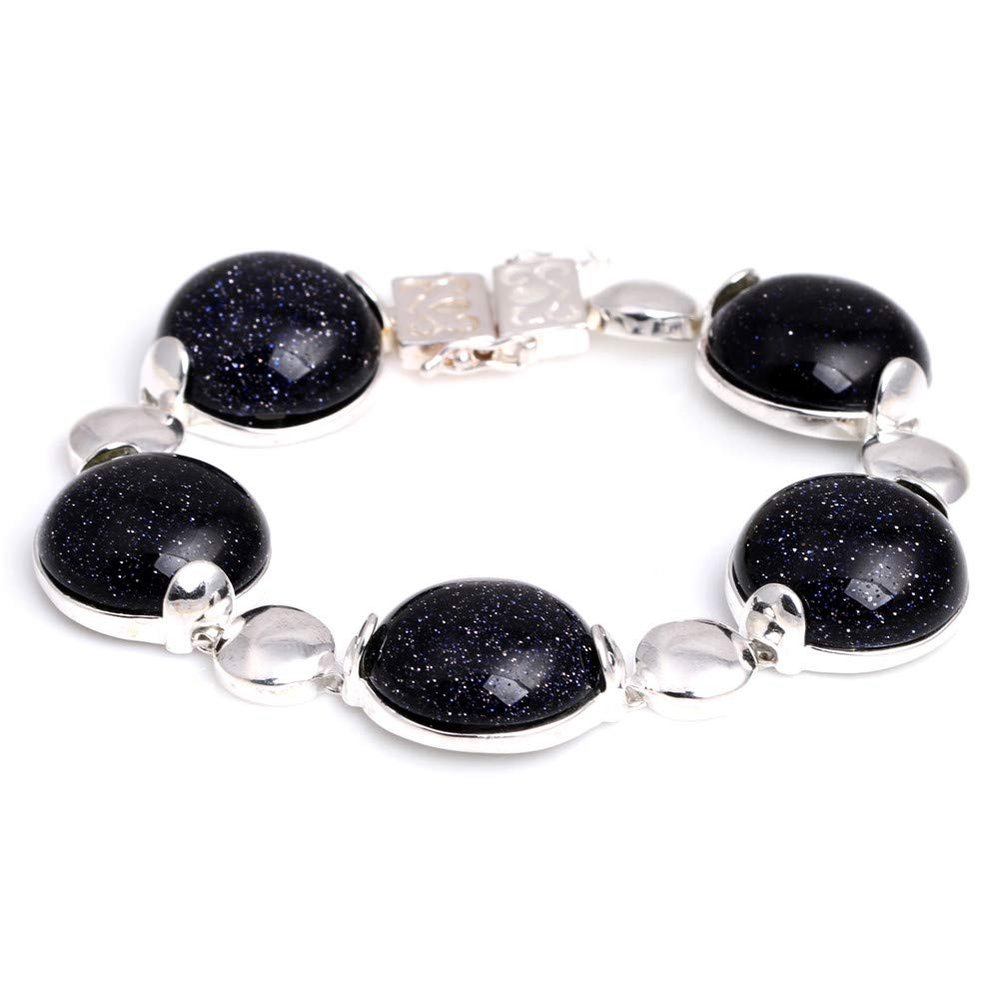 GEM-Inside Bracelet Semi Black Agate Coin Stone Silver Tennis Beads Link Tibetan Silver Fashion Jewelry for Women 7"