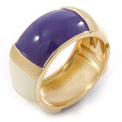 Avalaya Chunky Cream/Purple Enamel Hinged Bangle Bracelet In Gold Tone - 19cm L