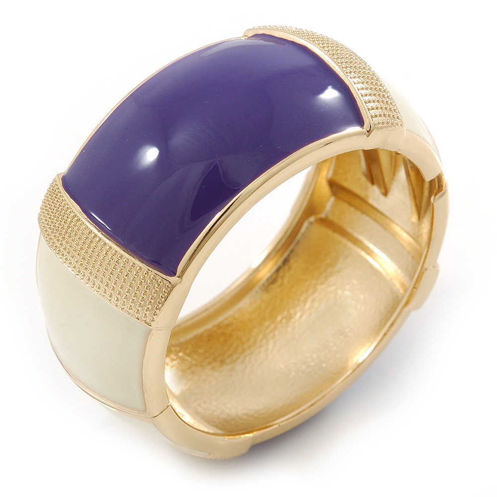 Avalaya Chunky Cream/Purple Enamel Hinged Bangle Bracelet In Gold Tone - 19cm L
