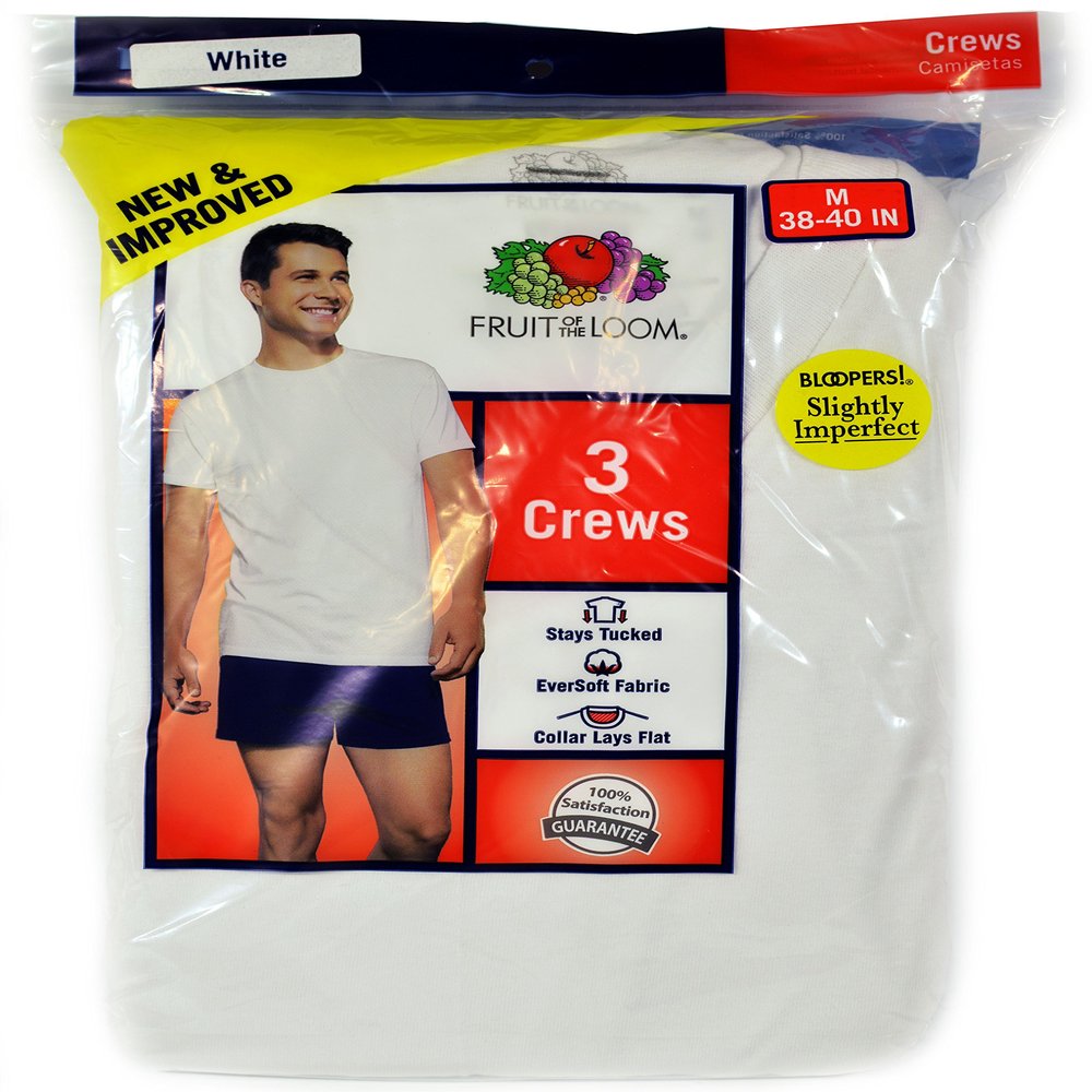 Fruit of the Loom White 3 Man's Crews/tee Shirts Bloopers Slightly Imperfect (L)