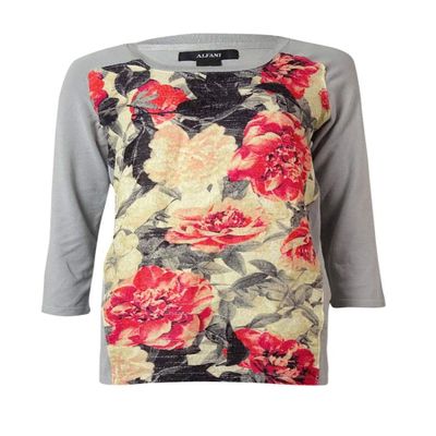 Alfani Womens Graphic 3/4 Sleeves Pullover Sweater Gray XL
