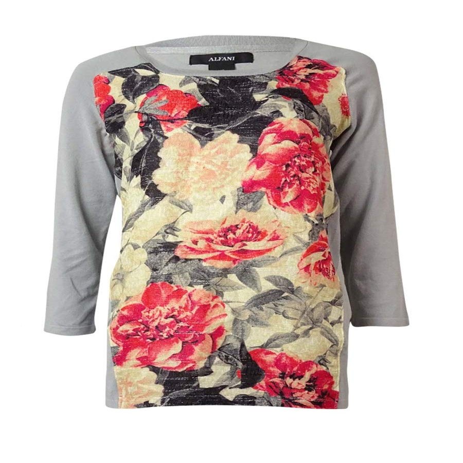 Alfani Womens Graphic 3/4 Sleeves Pullover Sweater Gray XL