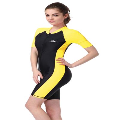 BIKMAN One-Piece Snorkeling Surfing Swim Suit Short Sleeves Plus Size Swimwear- Sun Protection (L(Weight:132lbs-143lbs), Yellow)