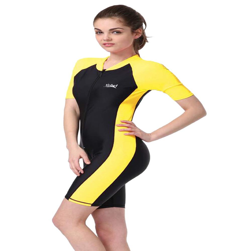 BIKMAN One-Piece Snorkeling Surfing Swim Suit Short Sleeves Plus Size Swimwear- Sun Protection (L(Weight:132lbs-143lbs), Yellow)
