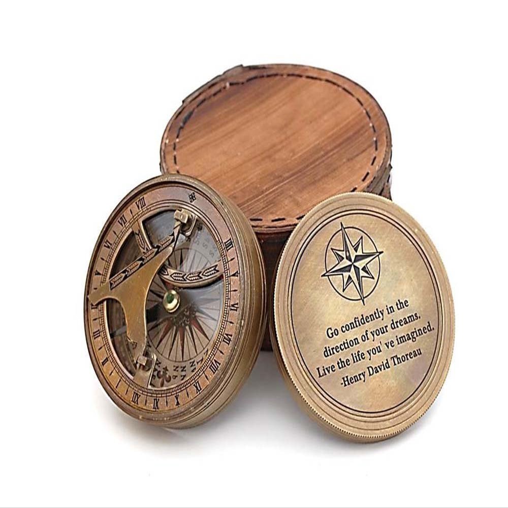 Handmade Brass Sundial Compass Thoreau Dream Chaser Quote Go Confidently in The Direction of Your Dreams Vintage Sun Clock with Leather Case Gift for Explorer, Graduate or Loved One