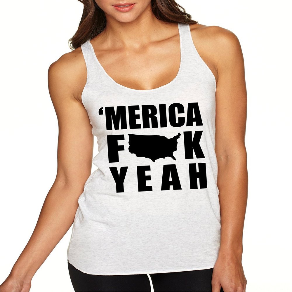 ALLNTRENDS Women's Tank Top 'Merica f**k Yeah Black Print (S, Heather White)