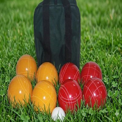 BuyBocceBalls Listing - Made in USA, Premium Quality Tournament Bocce Set - 110mm Gold and Dark Orange Balls, Nylon Black Bag, 998 Grams (2 lbs. 3.2 oz.). Various Bag Colors