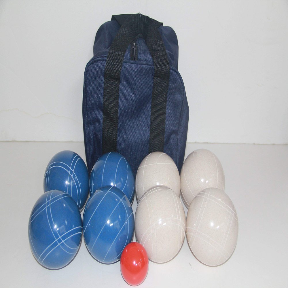BuyBocceBalls Listing - Made in USA, Premium Quality Tournament Bocce Set - 110mm Blue and White Balls, Nylon Blue Bag, 998 Grams (2 lbs. 3.2 oz.). Various Bag Colors