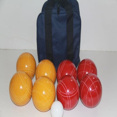 BuyBocceBalls Listing - Made in USA, Premium Quality Tournament Bocce Set - 110mm Gold and Dark Orange Balls, Nylon Blue Bag, 998 Grams (2 lbs. 3.2 oz.). Various Bag Colors