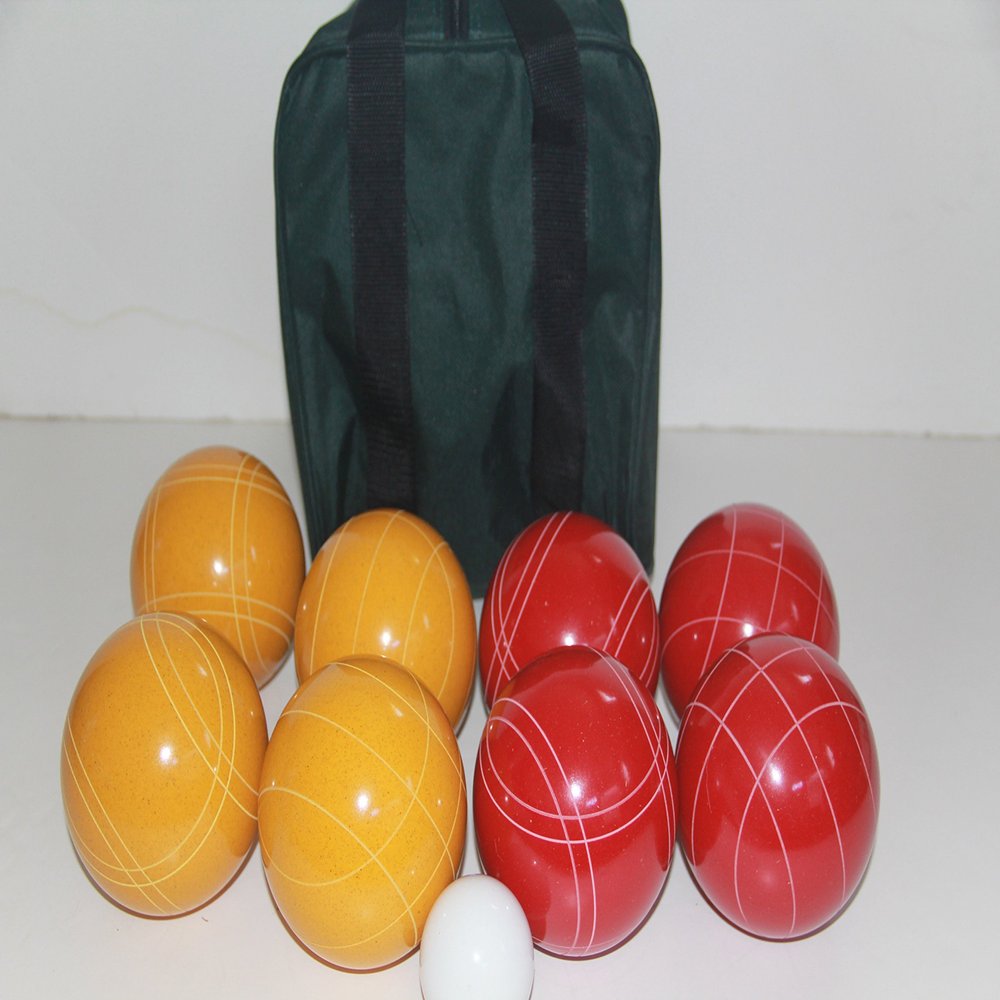 BuyBocceBalls Listing - Made in USA, Premium Quality Tournament Bocce Set - 110mm Rustic Yellow/Orange Balls and Green/Black Bag, 998 Grams (2 lbs. 3.2 oz.)