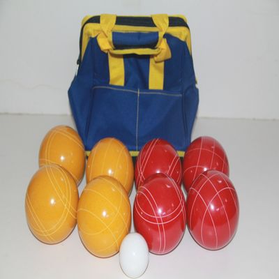BuyBocceBalls Listing - Made in USA, Premium Quality Tournament Bocce Set - 110mm Gold and Dark Orange Balls, Nylon Blue/Yellow Bag, 998 Grams (2 lbs. 3.2 oz.).