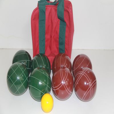 BuyBocceBalls Listing - Made in USA, Premium Quality Tournament Bocce Set - 110mm Dark Green and Dark Red Balls, Nylon Maroon Bag, 998 Grams (2 lbs. 3.2 oz.). Polish. Measure Device