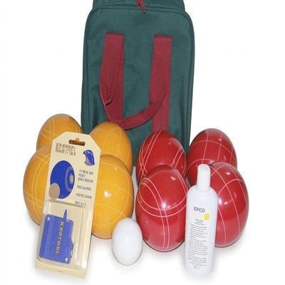 BuyBocceBalls Listing - Made in USA, Premium Quality Tournament Bocce Set - 110mm Gold and Dark Orange Balls, Nylon Maroon Bag, 998 Grams (2 lbs. 3.2 oz.). Polish. Measure Device