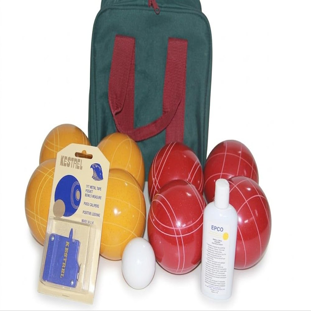 BuyBocceBalls Listing - Made in USA, Premium Quality Tournament Bocce Set - 110mm Gold and Dark Orange Balls, Nylon Maroon Bag, 998 Grams (2 lbs. 3.2 oz.). Polish. Measure Device