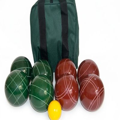 BuyBocceBalls Listing - Made in USA, Premium Quality Tournament Bocce Set - 110mm Dark Green and Dark Red Balls, Nylon Green/Black Bag, 998 Grams (2 lbs. 3.2 oz.). Various Bag Colors